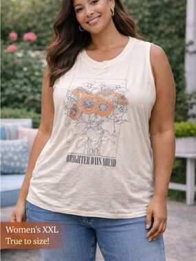 Distressed Timex Cream Floral Graphic Muscle Tank with Orange Accents XXL